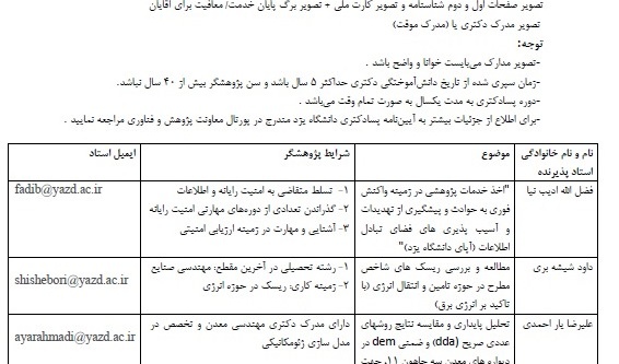 فراخوان پژوهشگر پسادکتری دانشگاه یزد 