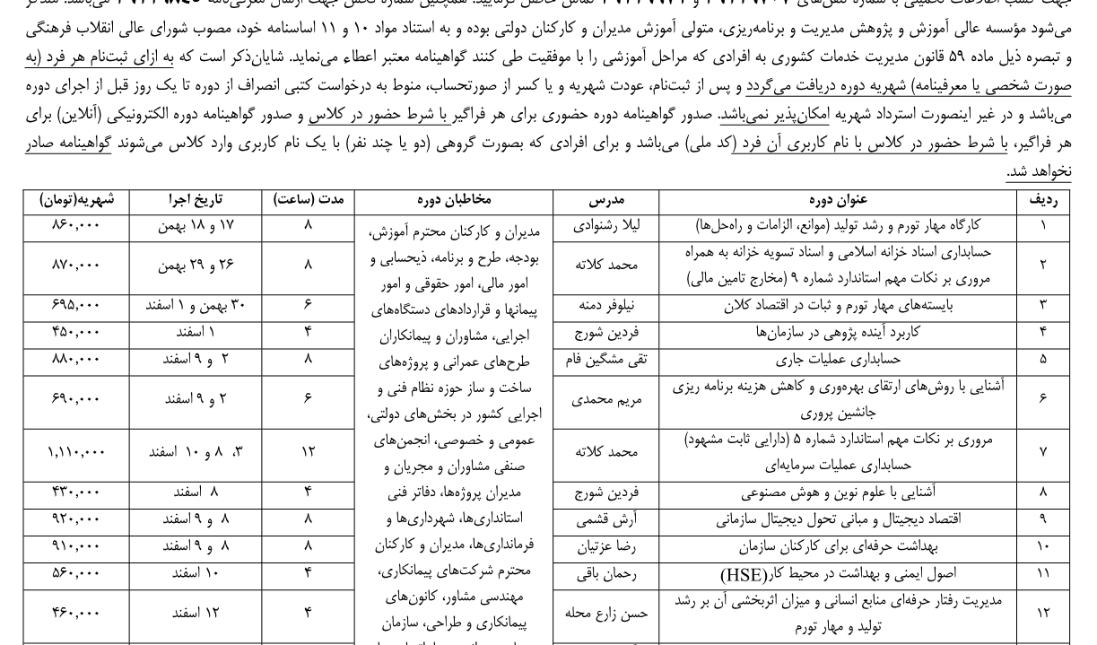 فراخوان جامع برگزاری دوره های آموزشی ماه‌های بهمن‌ و اسفند 1402