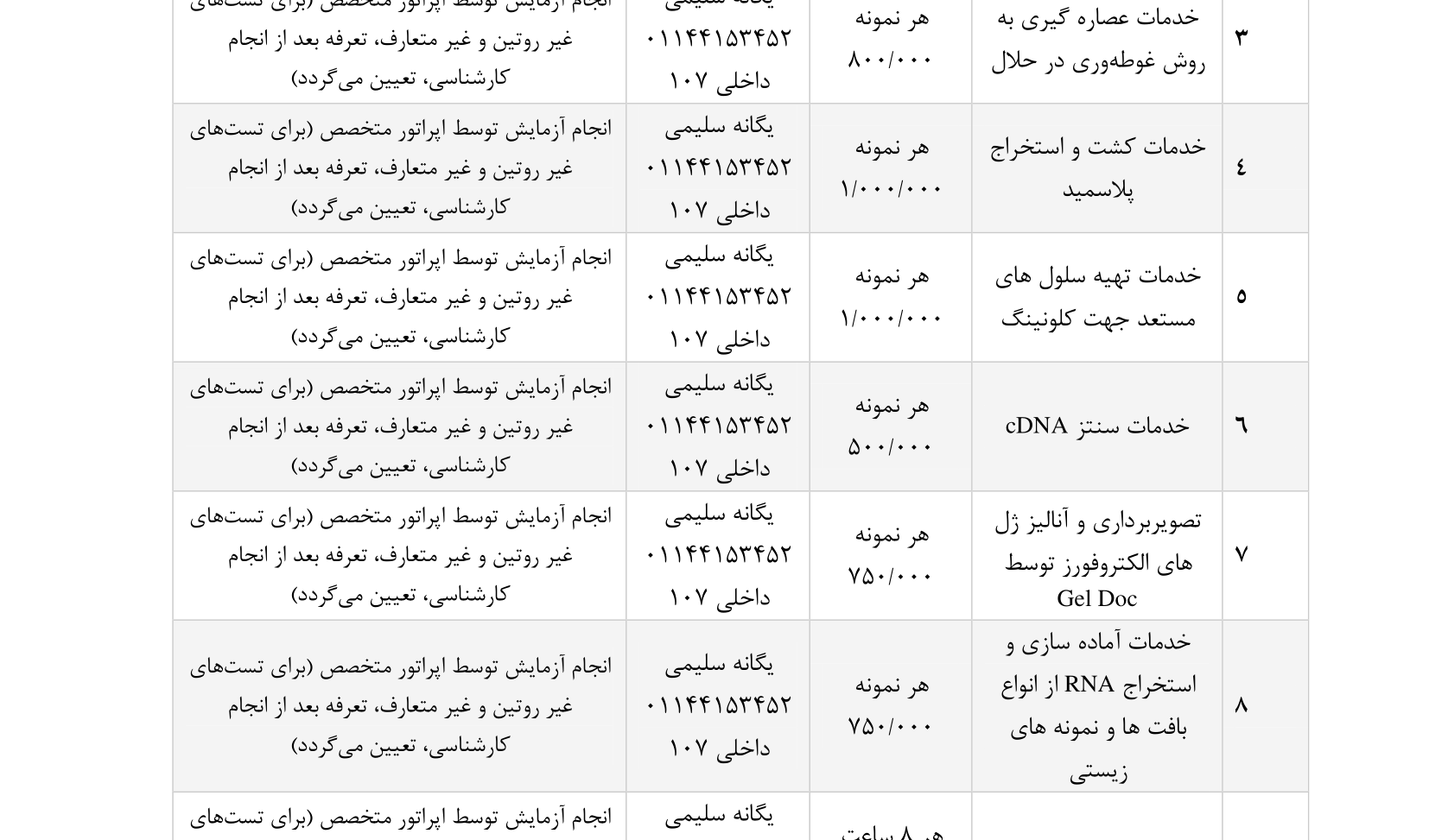 لیست خدمات و تعرفه های آزمایشگاهی دانشگاه 