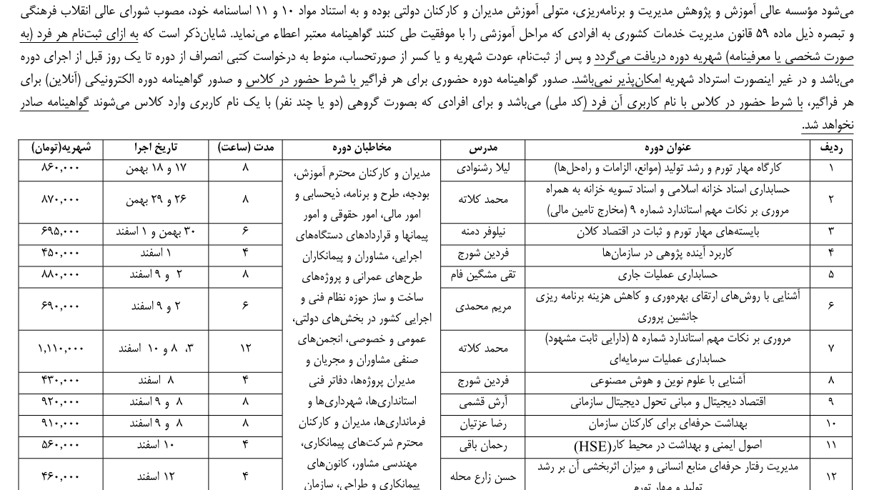 فراخوان جامع برگزاری دوره های آموزشی ماه‌های بهمن‌ و اسفند 1402