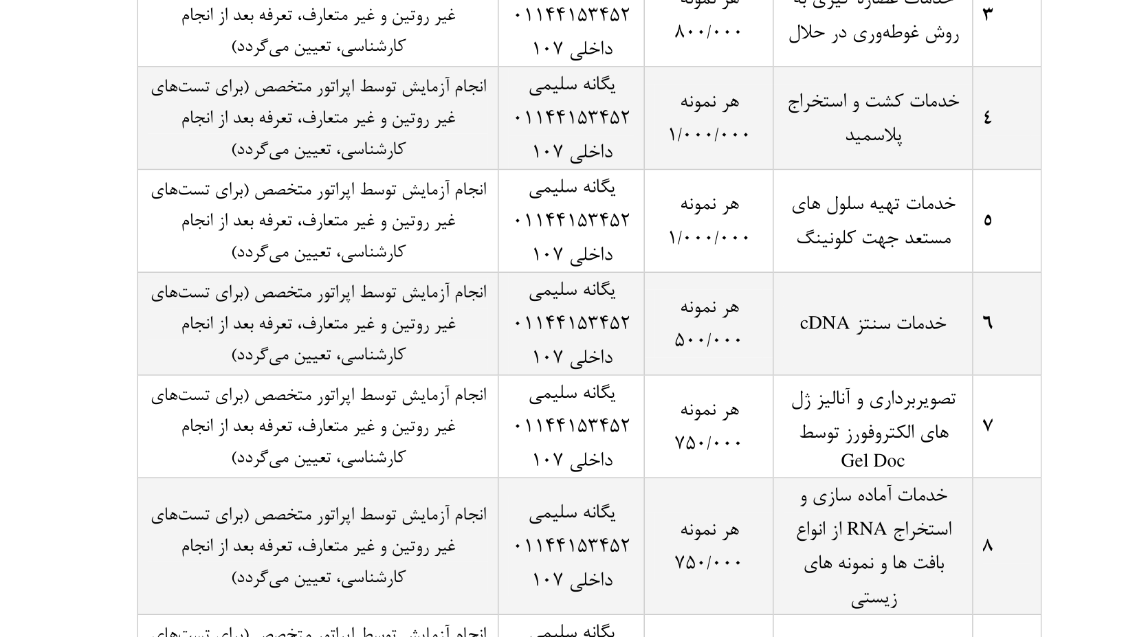 لیست خدمات و تعرفه های آزمایشگاهی دانشگاه 