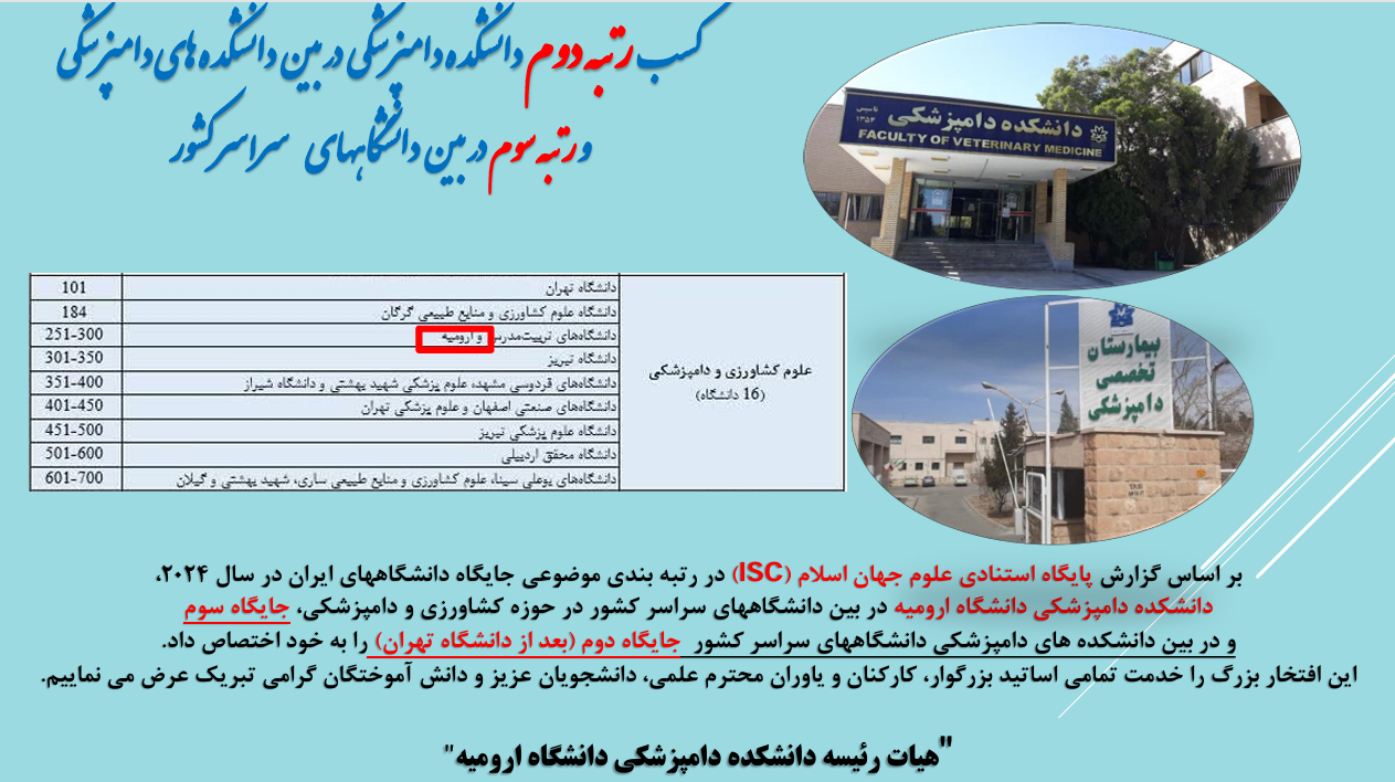کسب رتبه دوم دانشکده دامپزشکی در بین دانشکده های دامپزشکی و رتبه سوم در بین دانشکاههای کشور